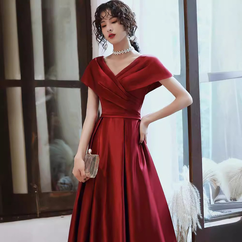 Toast Dress Bride Wine Red Small Size Pregnant Women Belly Covering Wedding Engagement Dress Evening Dress Women's Banquet