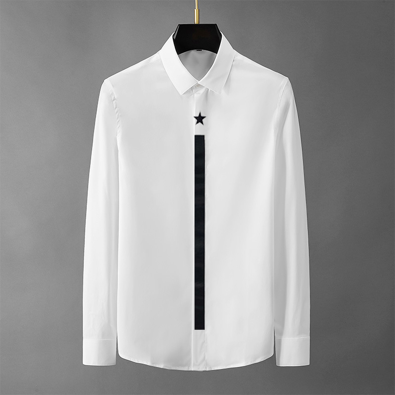 衬衣轻奢高级感免烫高端纯色男士长袖衬衫黑织带绣五角星痞帅男装