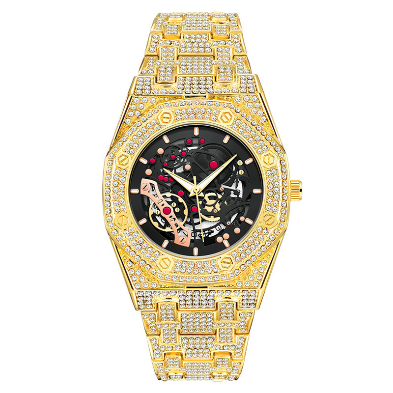 Hip hop reloj de hombre marca de comercio exterior banda de aleación de diamantes hombres de moda fresco calendario decorativo reloj de cuarzo entrega de una pieza