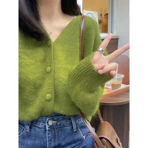 Avocado Green Knit Cardigan for Women - High-End, Relaxed Style, Outerwear Sweater Jacket with Soft Collar - Retro Top