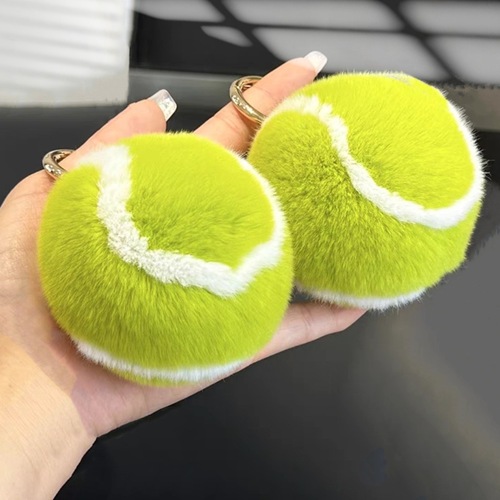 [Cute Little Tennis] Real Rex Rabbit Fur Tennis Car Keychain Pendant Ins Plush Ball School Bag Pendant
