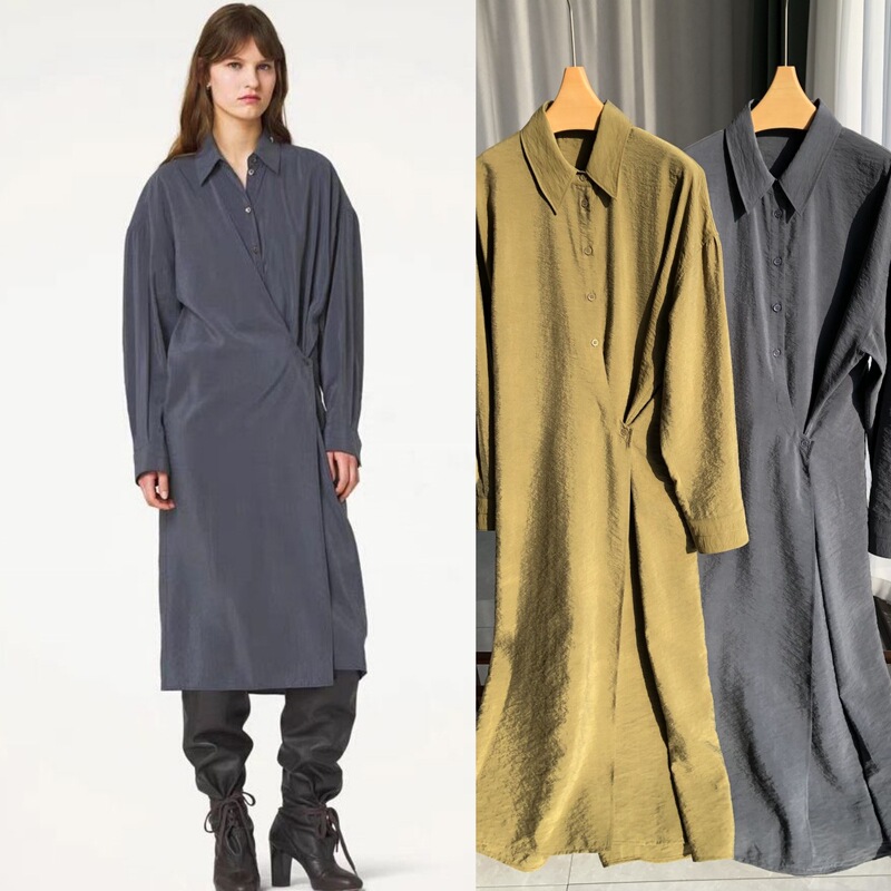 Twisted pleated dry silk texture · pointed collar twisted pleated oblique placket loose profile paper feeling dry silk dress