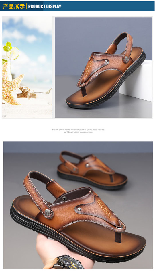 Dép sandal nam da bò lớp đầu xỏ ngón, đế cao 1 cm chống trượt đi biển — Màu nâu, màu vàng, màu đen chi tiết 14