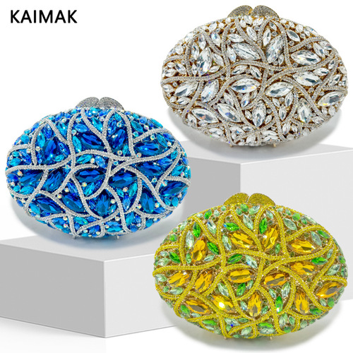 Cross border metal rhinestone glass women's bag oval handmade hand