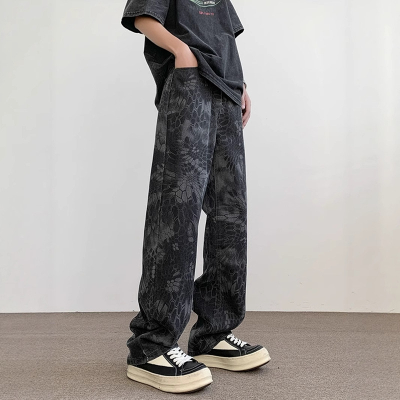 High Street Trendy Camouflage Snake Print Niche Men's Jeans Summer American Style Versatile Loose Fashion Cool Long Pants