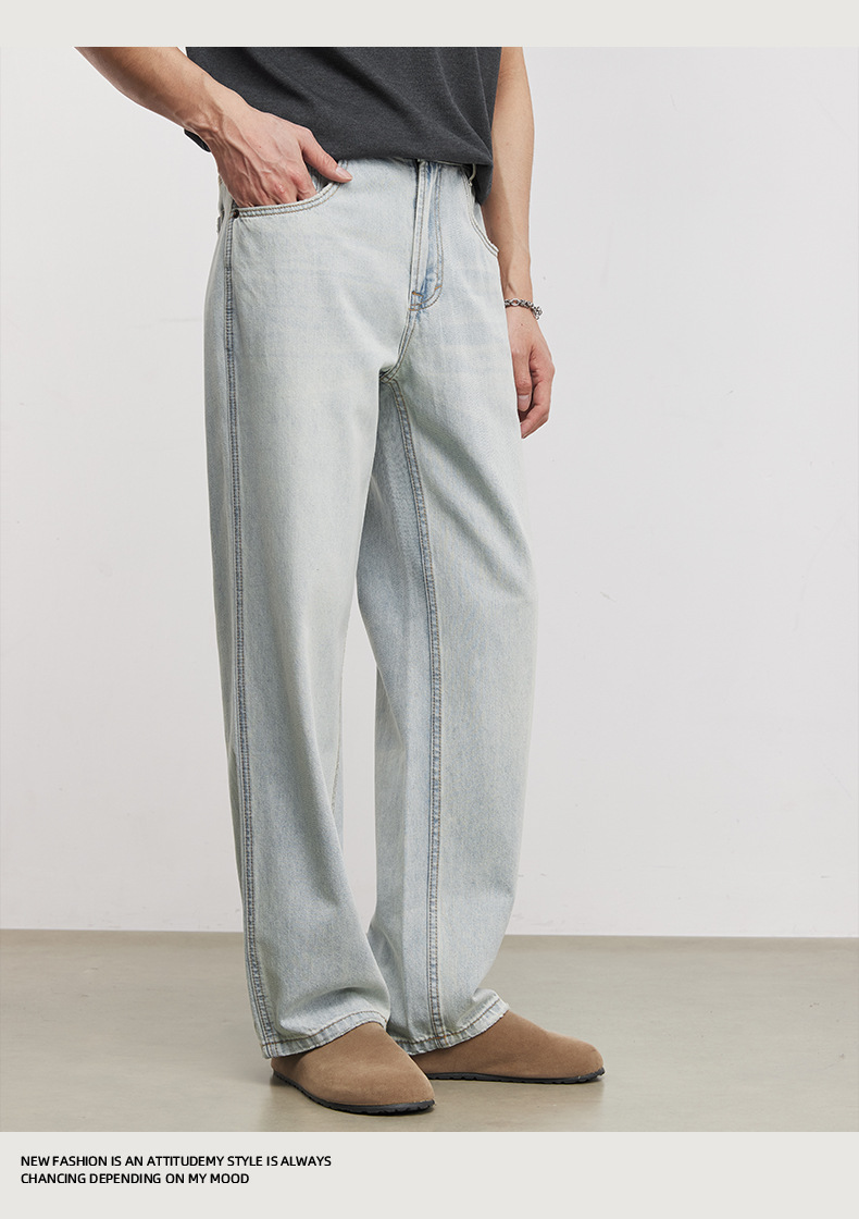 Quần jean nam ống rộng phong cách Mỹ cổ điển, chất liệu denim wash nhẹ, dáng suông thoải mái — Xanh nước đá chi tiết 10
