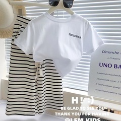 Fashion two-piece set for girls, summer new arrival, children's Korean style, letter short-sleeve striped wide-leg pants, casual suit, trendy