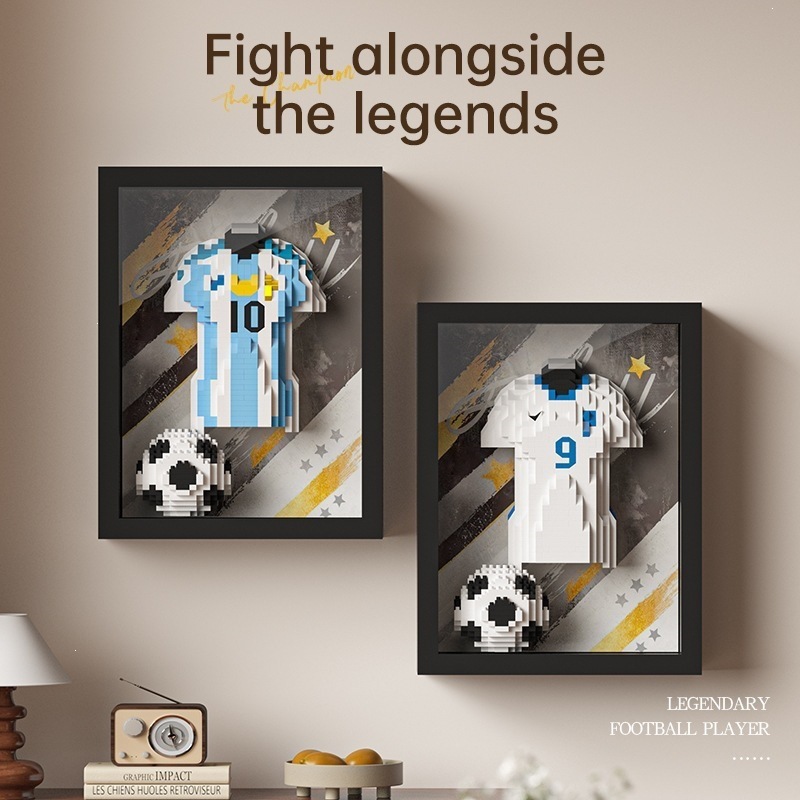Camiseta temática de la Copa del Mundo Fútbol Potente Copa de Dios Bloques de construcción Marco de fotos de montaje Decoración periférica Juguetes de puzzle para niños