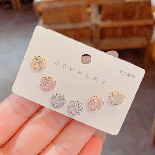 S925 Silver Needle Diamond Rose Combination Three-Piece Earrings for Women - Exquisite and Compact, Versatile Earrings with a Sense of Design