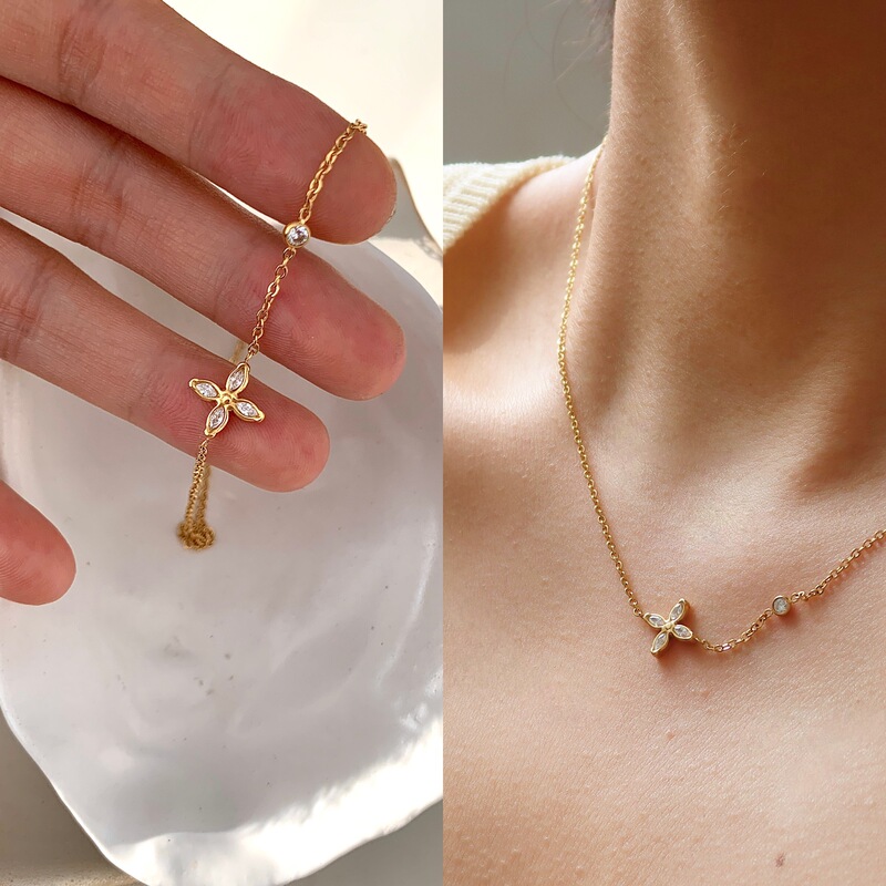 Heyu new four-leaf clover zircon necklace simple exquisite clavicle chain bath without picking and fading foreign trade live broadcast