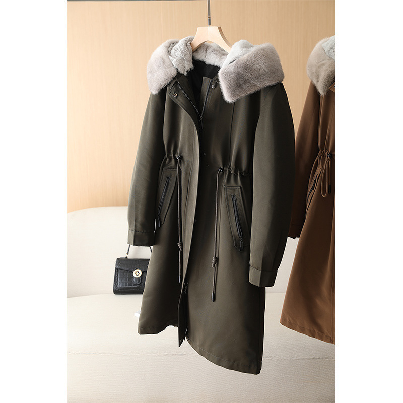 Mink Fur Collar Parka with Detachable Rabbit Fur Lining, Women's Style, Autumn and Winter Waist-Cinching Mid-Length Real Fur Coat