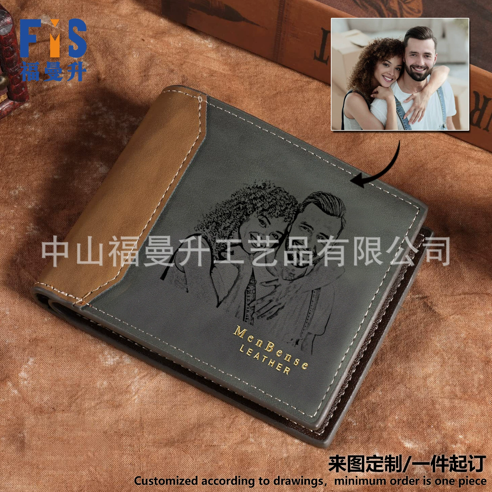 Мужской кожаный кошелек с индивидуальной гравировкой фото или эскиза на День отца, винтажный подарок для папы или парня, цветной дизайн