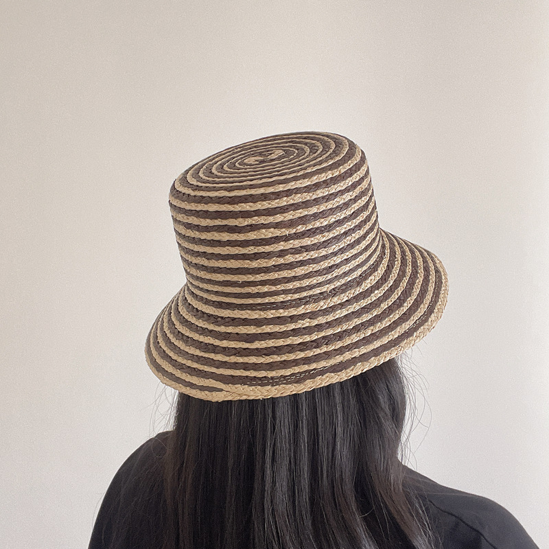 Hepburn Style Striped Raffia Flat Top Hat For Women Sun Hat_voghion.com