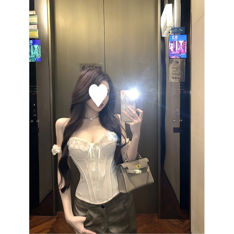 蕾丝拼接美背挂脖抹胸背心女夏季鱼骨修身内搭设计感纯欲外穿上衣|undefined