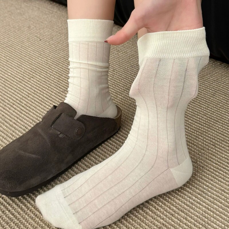 White Socks for Women, Spring and Autumn Pure Cotton Mid-Calf Socks, Miu Style Ballet-Inspired Seamless Slouch Socks, Thin Long Socks for Women in Summer