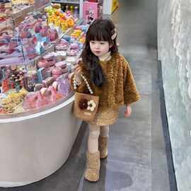女童套装冬季女童棕黄色毛毛加绒外套亮片宝宝半身裙两件套31537