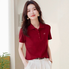 2025新款红色减龄百搭polo领撞色刺绣短袖衬衫女洋气刺绣翻领上衣
