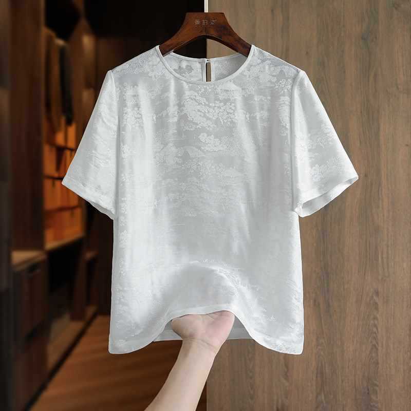 New Chinese-Style White Retro Jacquard National Style Silk Shirt Women's Short-Sleeve T-Shirt 2026 Summer Mulberry Silk Top