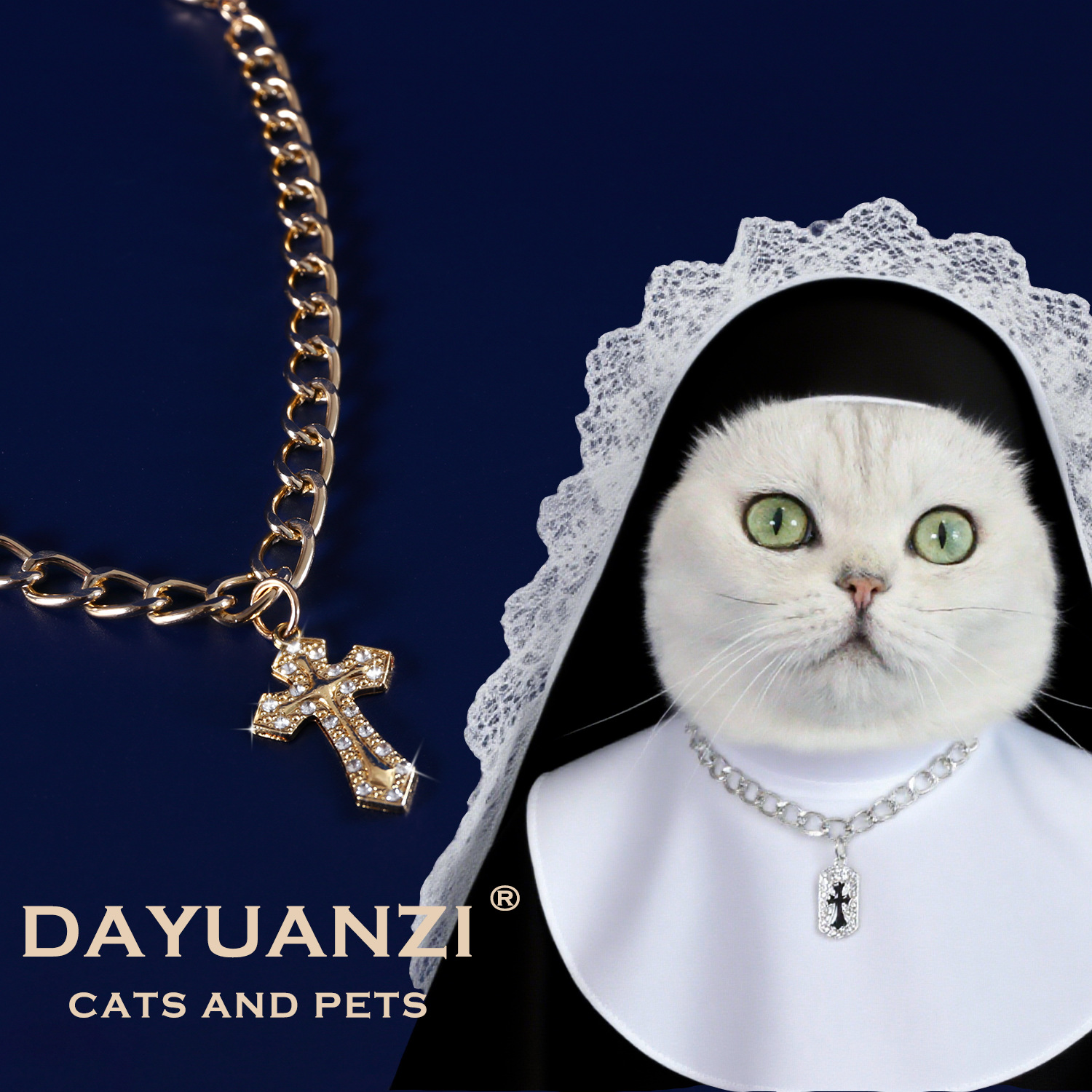 Comercio exterior mascotas cadenas de metal de diamante cruz barroco gatos perros dorados collares de plata estilo europeo y americano