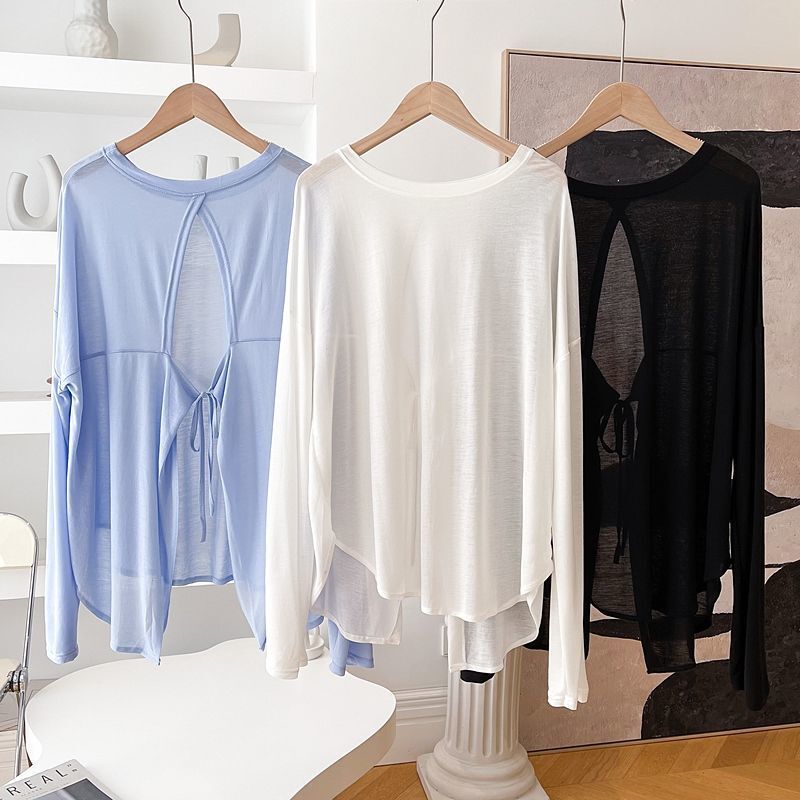 Backless Sun Shirt Women's Long-Sleeved Summer 2025 New Style Back Hollow Lace-Up Loose Irregular Top Thin