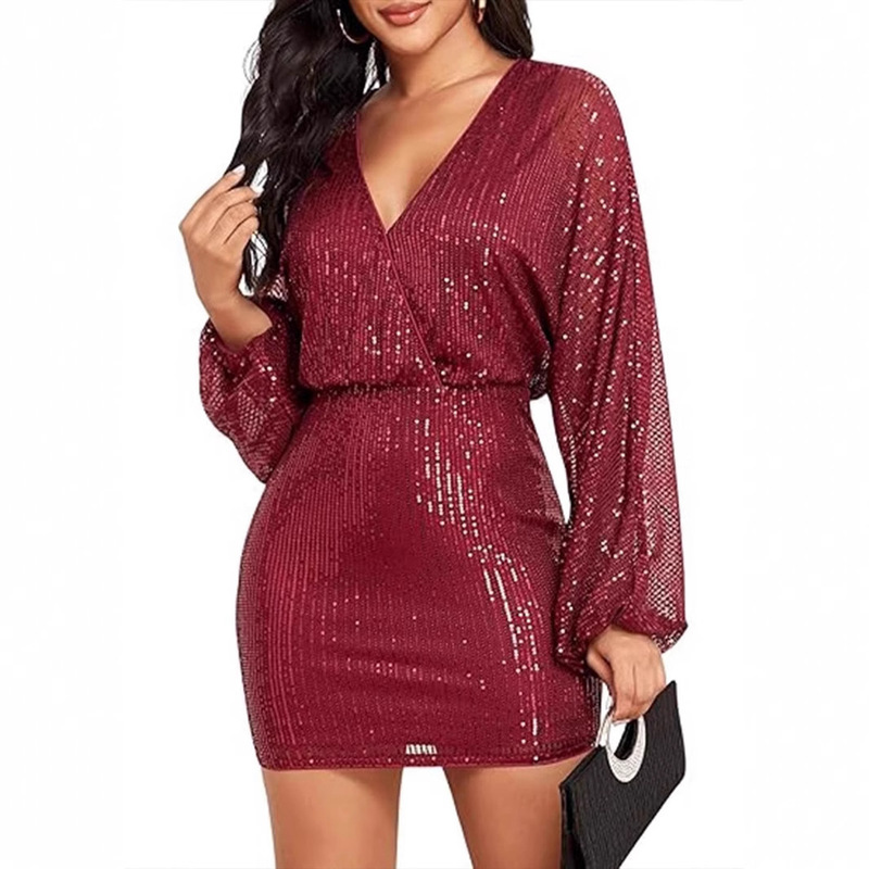 2025 New Sequin Mini Wrap Dress Women's V-Neck Long Sleeve Puff Sleeve Glitter Wrap Party Outfit