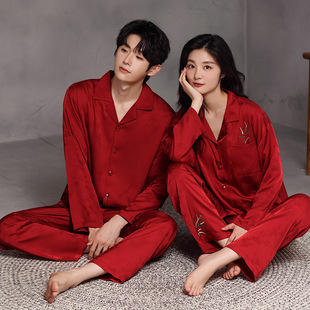 2025 New Ice Silk Pajamas Couple Spring and Autumn Lapel Cardigan Thin Big Red Outer Wear Home Clothes suit