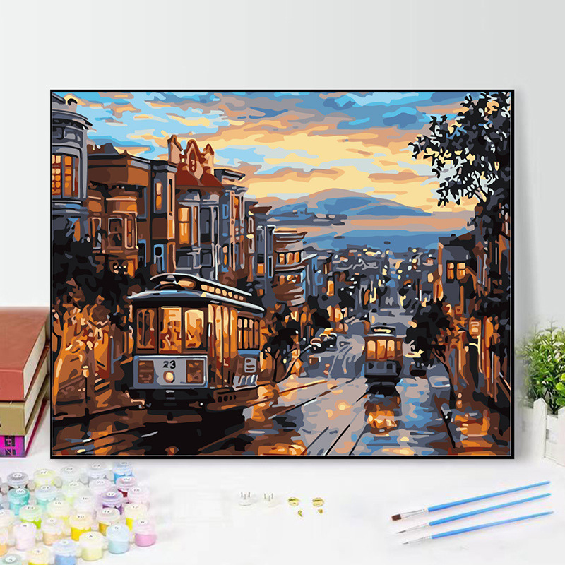 Fábrica al por mayor pintura al óleo digital DIY noche tranvía paisaje cura descompresión pintura al óleo pintura decorativa entrega de una sola pieza