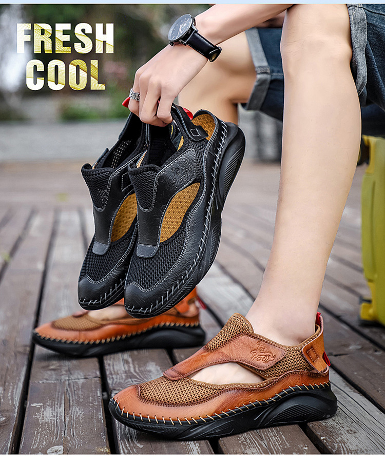 Cross-border large-sized outdoor wading light-soled sports sandals, men's trendy summer Korean version cowhide toe cap beach shoes, clogs Item Picture
