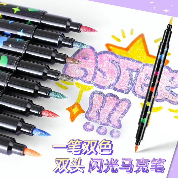 Cross-border dual-tip dual-color glitter marker pen for students' art painting, fluorescent pen, art-specific graffiti watercolor brush