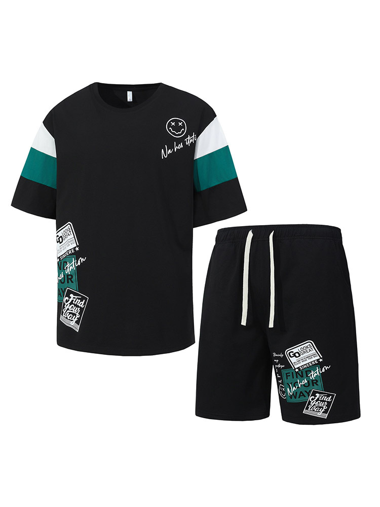 Conjunto deportivo de verano para hombre, cuello redondo, pantalones cortos, manga corta, informal, de dos piezas, camiseta, estilo juvenil, moderno y a la moda.