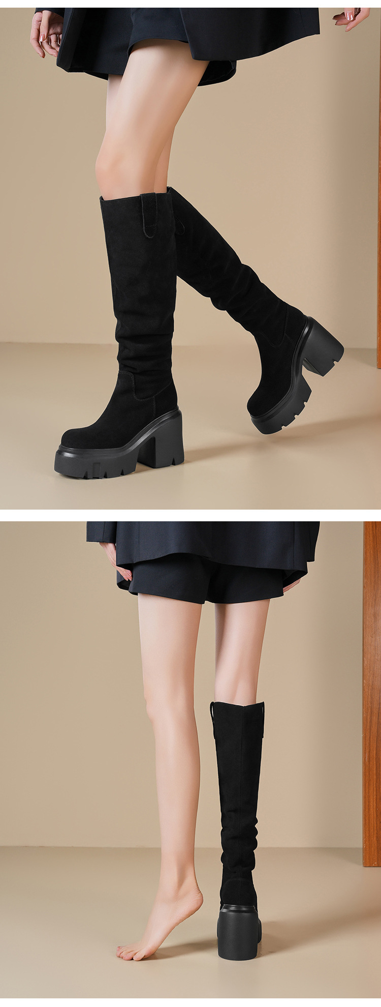Boot nữ cổ cao ôm bắp chân chất liệu da lộn, gót 12 cm, phong cách kỵ sĩ — Lót nhung đen chi tiết 6