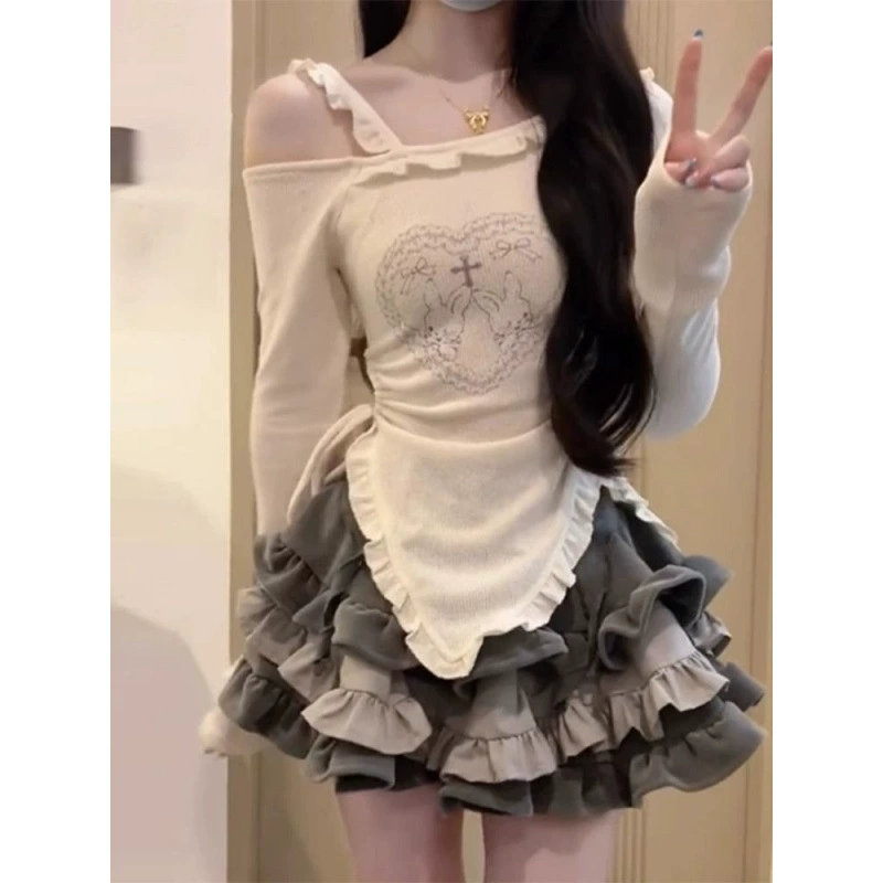 Покажите свою фигуру и индивидуальность, костюм горячей девушки для женщин, новый облегающий топ ранней осени, юбка-тортик, комплект из двух частей: сладкая и пряная юбка.