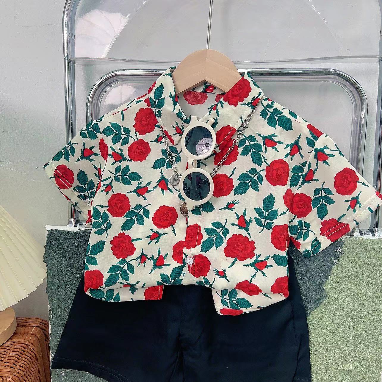 Ropa para niños, traje de camisa de flores de estilo coreano para niños, flor rosa, tesoro para hombres, camisa de manga corta de estilo retro francés de dos piezas para niños