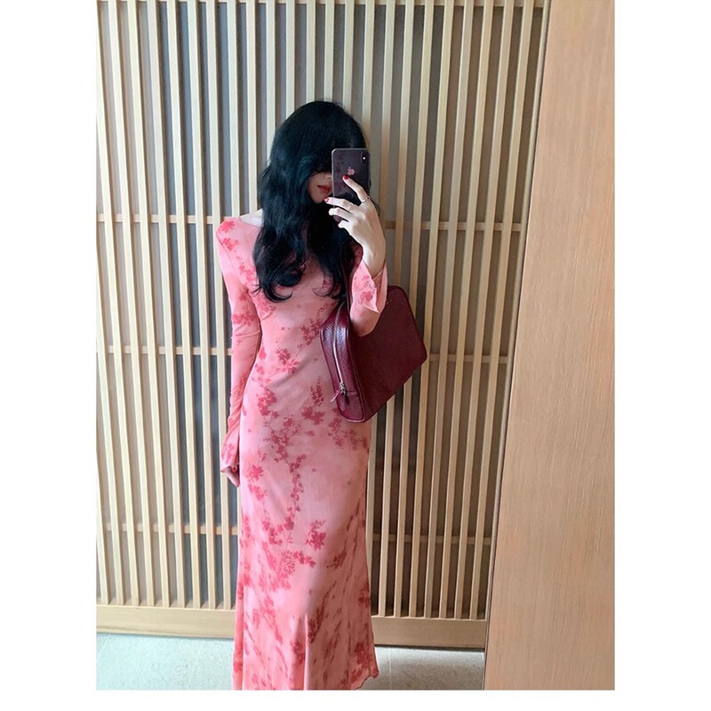 French-style chic floral print mesh long-sleeve dress for women, new spring collection, waist-cinching, casual and stylish French-style chic floral print mesh long-sleeve dress for women, new spring collection, waist-cinching, casual and stylish