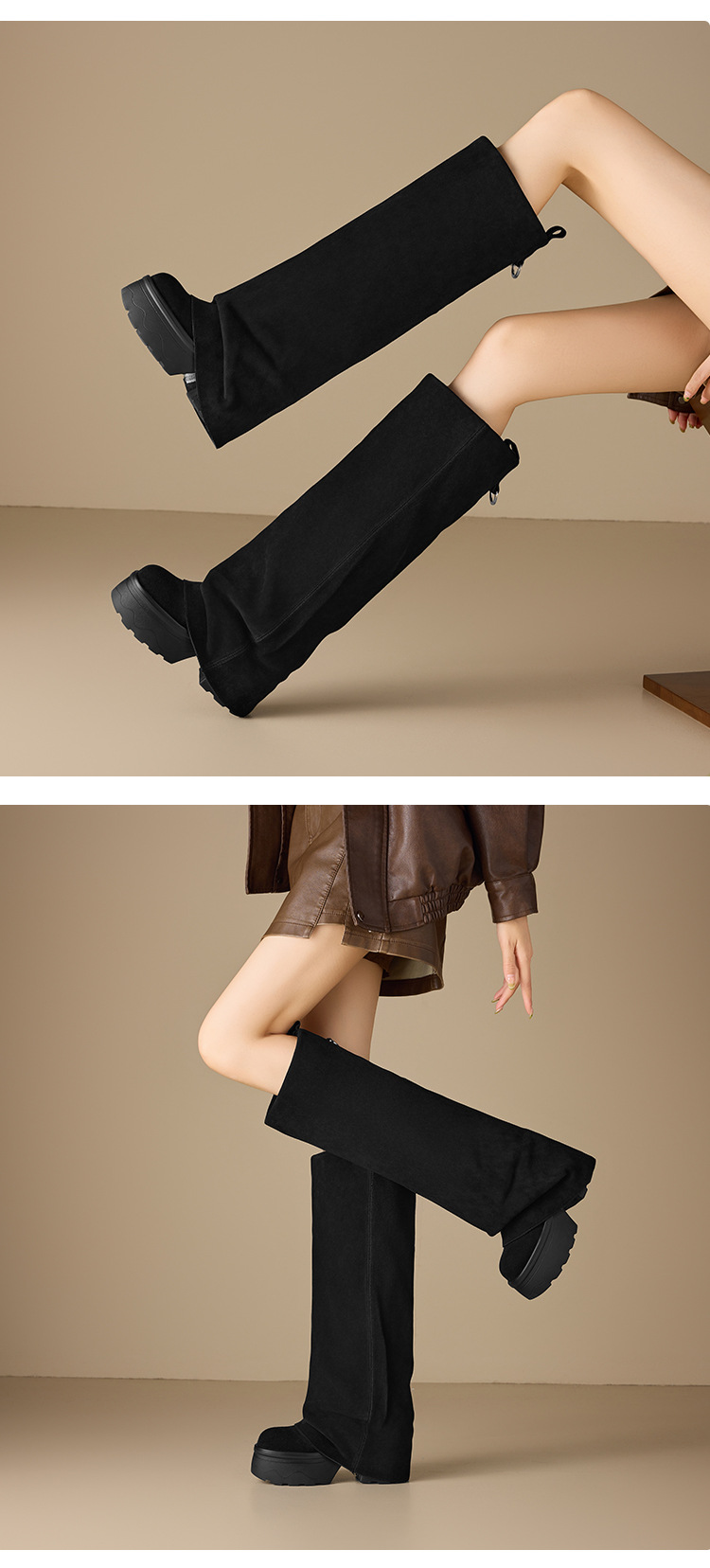 Boot nữ cổ cao ôm bắp chân đế dày gót 12 cm, kiểu hiệp sĩ, hai mặc mùa thu đông — nhung nâu chi tiết 3