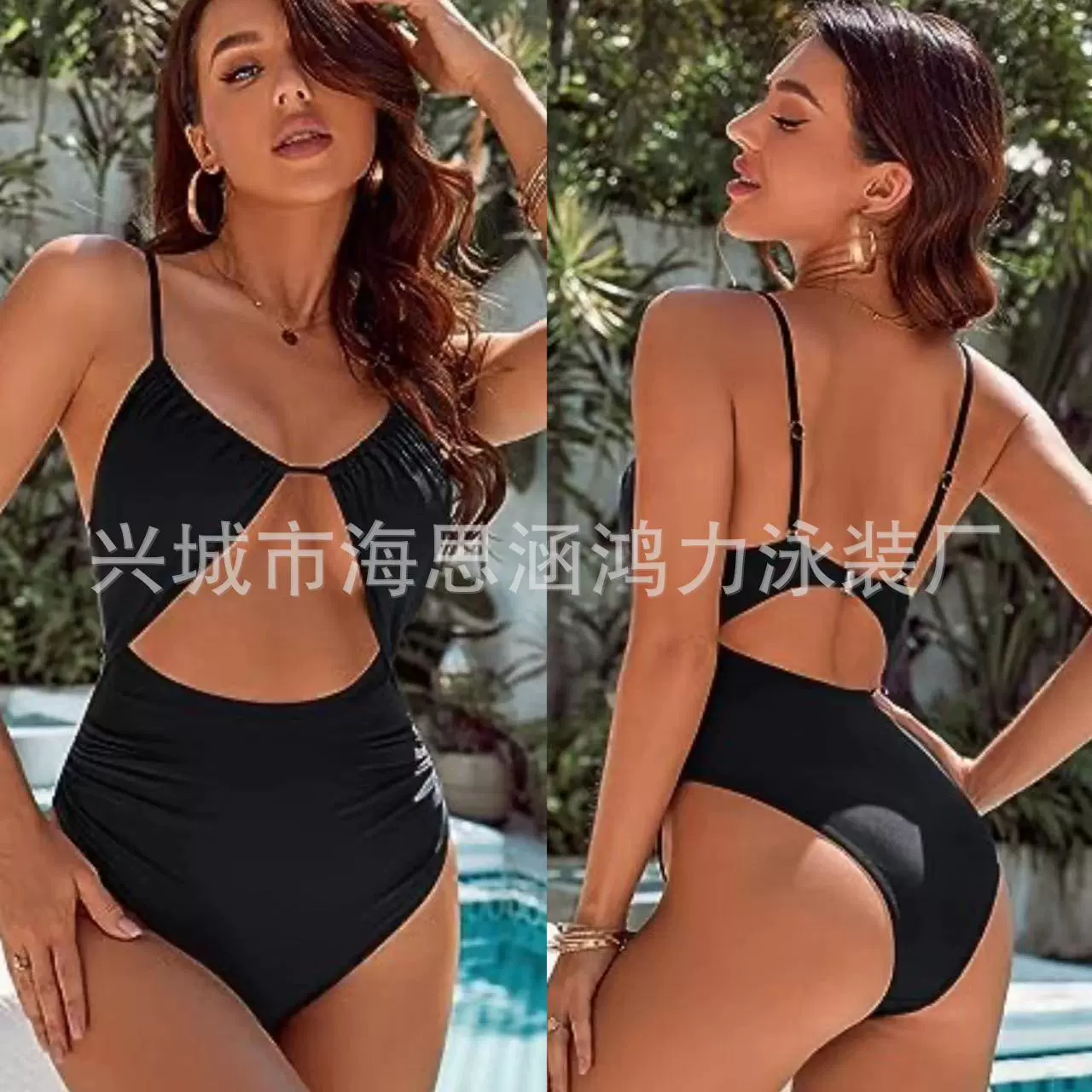 速卖通亚马逊欧美女士多色连体三角聚拢高腰遮肉显瘦比基尼连身