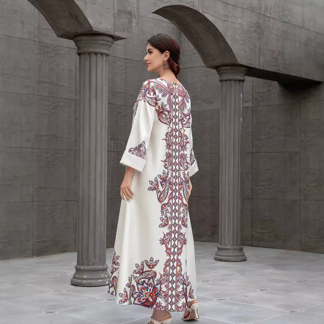 SW0826 Middle Eastern Cross-Border Muslim Women's Robe Elegant Printed Beaded Dress Dubai Foreign Trade Abaya_ecoleips.com