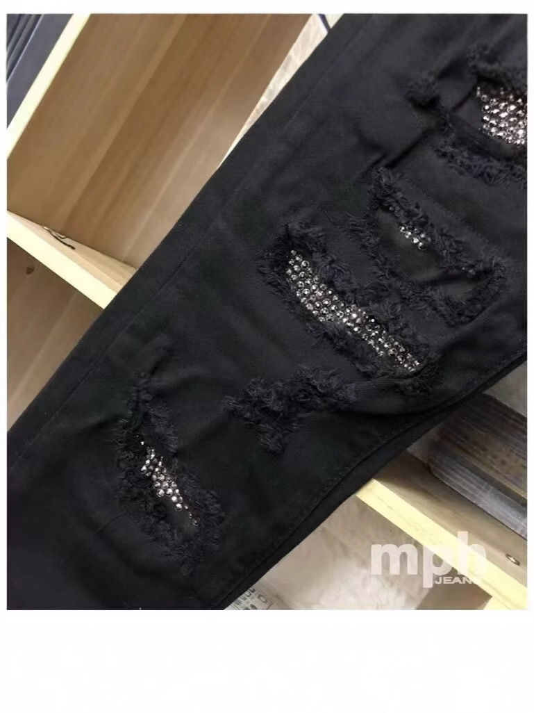 New Casual High Street Ripped Jeans Unisex Rhinestone Slim Straight Pants Spring Autumn Mid-Waist Regular_mkmklike.com