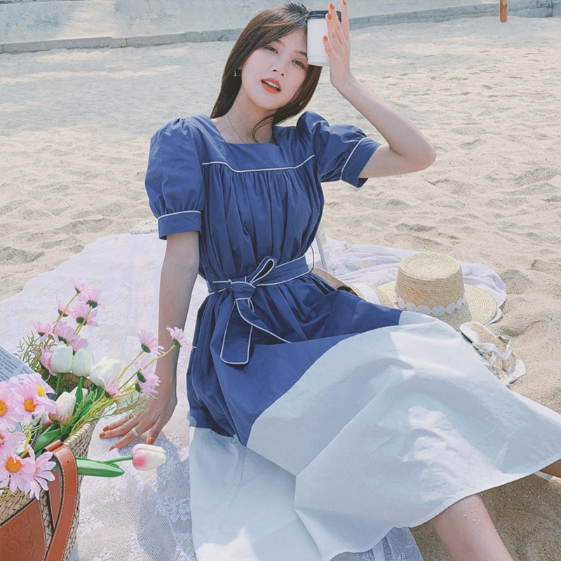 夏21新作 スウィート カジュアル ルーズ バイカラー ワンピース Change U