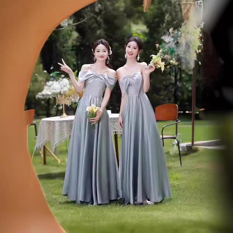 Gray Bridesmaid Dress 2026 New Style Silver-Gray Bridesmaid Gown Simple High-End Slimming Summer Long Dress for Sister Group
