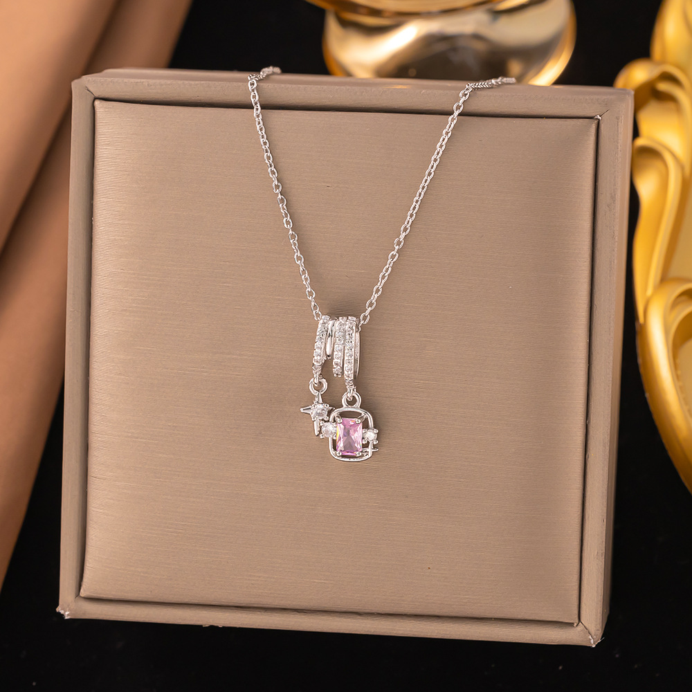 【8296】핑크 다이아몬드 스타 목걸이【실버】