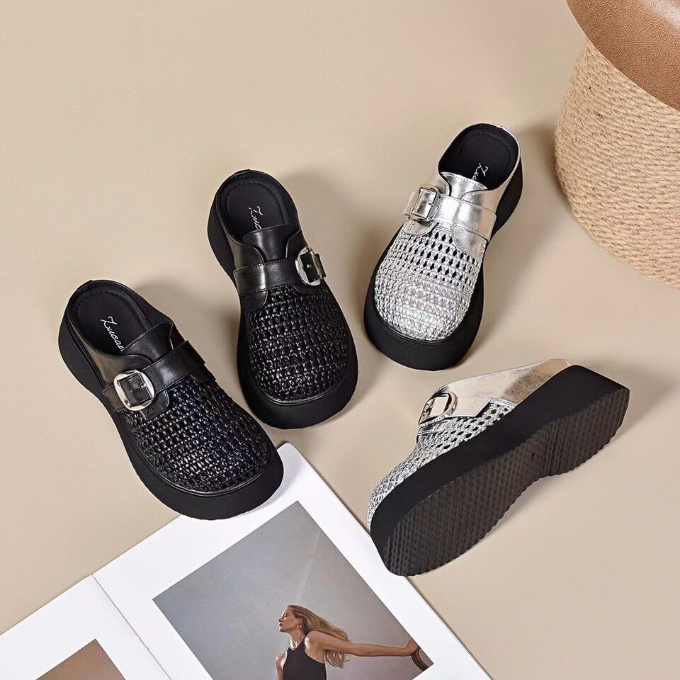 Dép nữ đế dày mũi kín khoét lỗ da thật kiểu Birkenstock — đen chi tiết 9