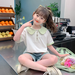 女童夏季短袖T恤2024新款童裝小女孩夏裝半袖兒童polo領體恤上衣