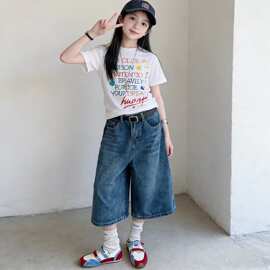 女童夏款套装2026新款初中生时髦洋气短袖牛仔裤儿童潮酷炸街夏装