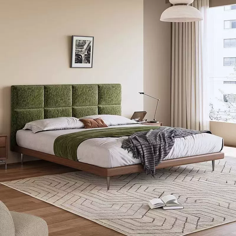 巧克力中古风布艺床意式极简雪尼尔绒床高级大气主卧床实木薄床头