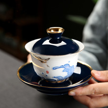 玩物尚置 白瓷三才盖碗茶杯茶道6君子手绘浮雕功夫茶具泡茶壶单个