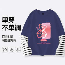 女童独特超好看上衣春装2025新款女大童假两件t恤长袖儿童打底衫