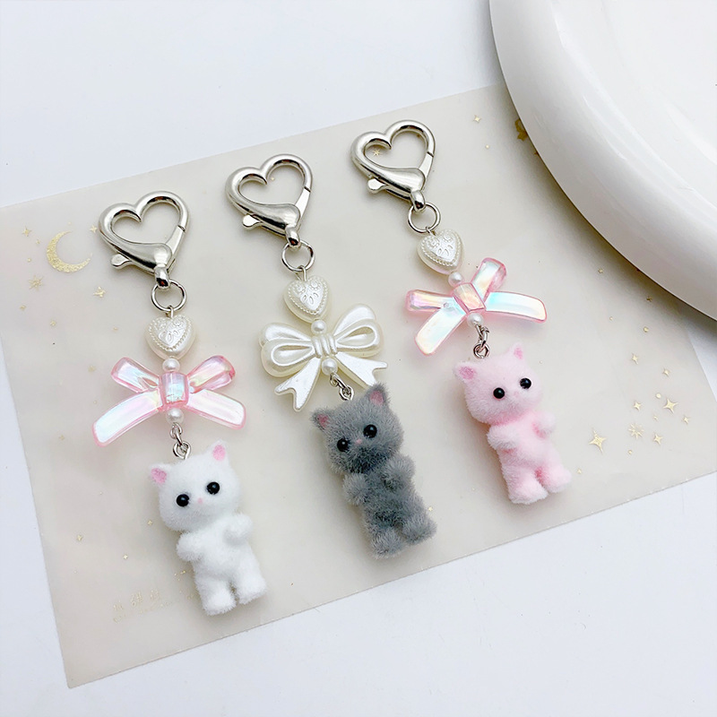Sweet Cool Y2K Girl's Heart Cute Flocking Kitten Bow Love Keychain Joker Bag Pendant Exquisite Women