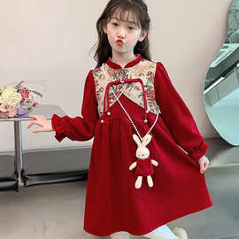 加绒加厚女童旗袍新款新年长袖连衣裙新中式国风喜庆女孩红色裙子