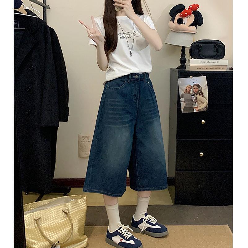 大码高腰韩版七分阔腿裤女2025年夏季薄款宽松显瘦白色直筒牛仔裤|undefined